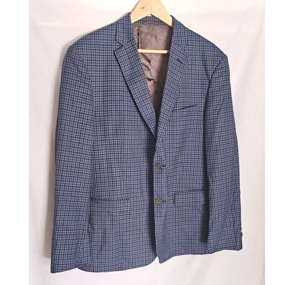 JB Britches Blazer‎ Logan Sport Coat 44R Blue Grey Micro Check Two Button Wool